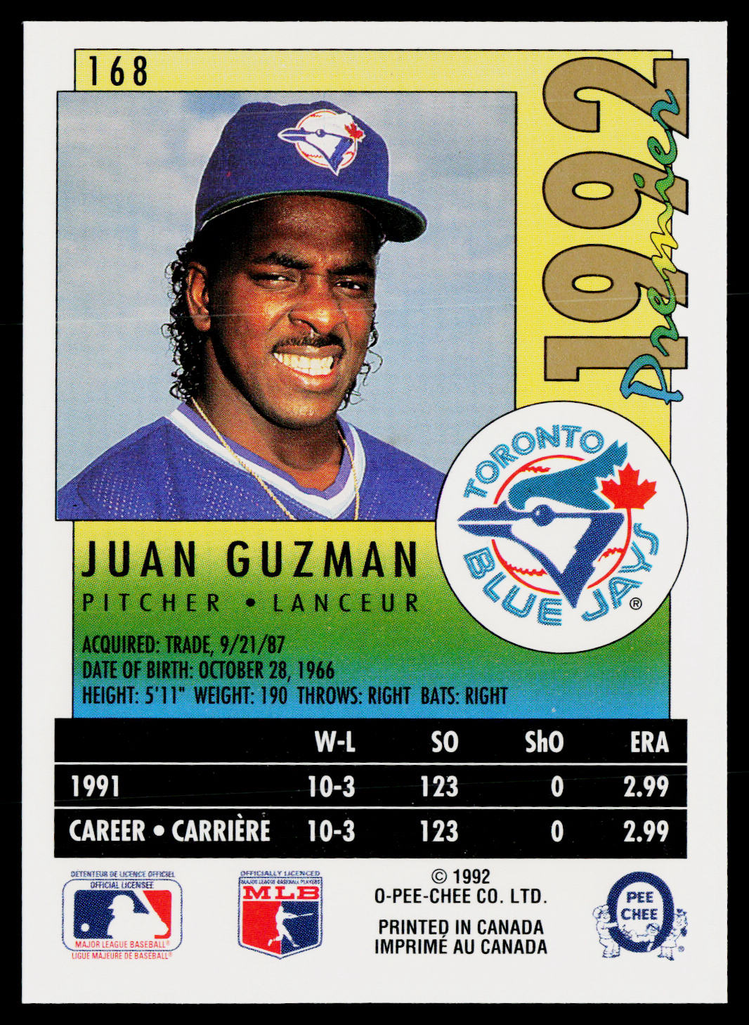Juan Guzman 1992 O-Pee-Chee Premier #168 RC Toronto Blue Jays