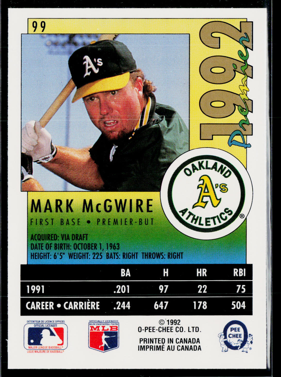 Mark McGwire 1992 O-Pee-Chee Premier #99 Oakland Athletics