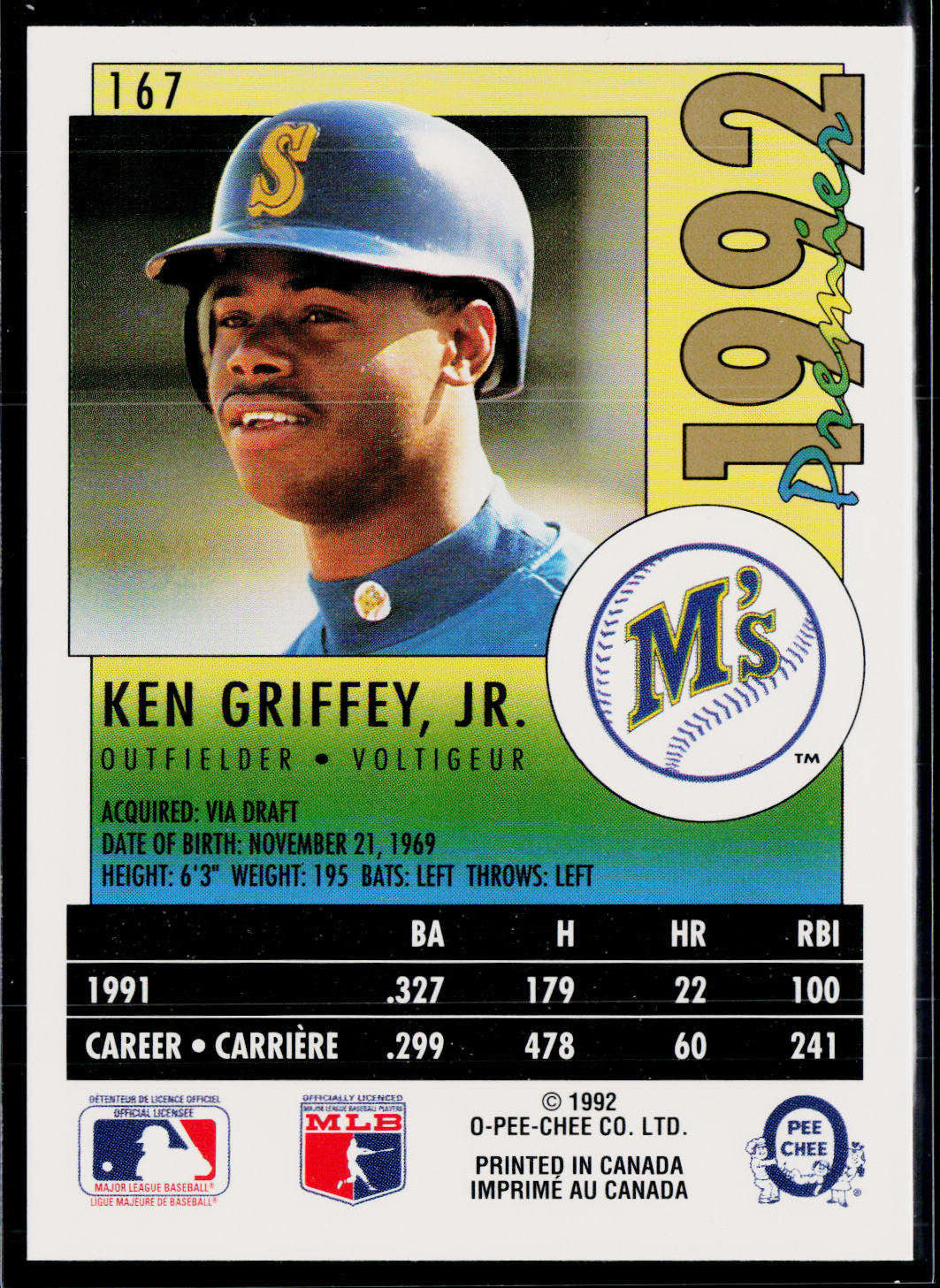 Ken Griffey, Jr. 1992 O-Pee-Chee Premier #167 Seattle Mariners