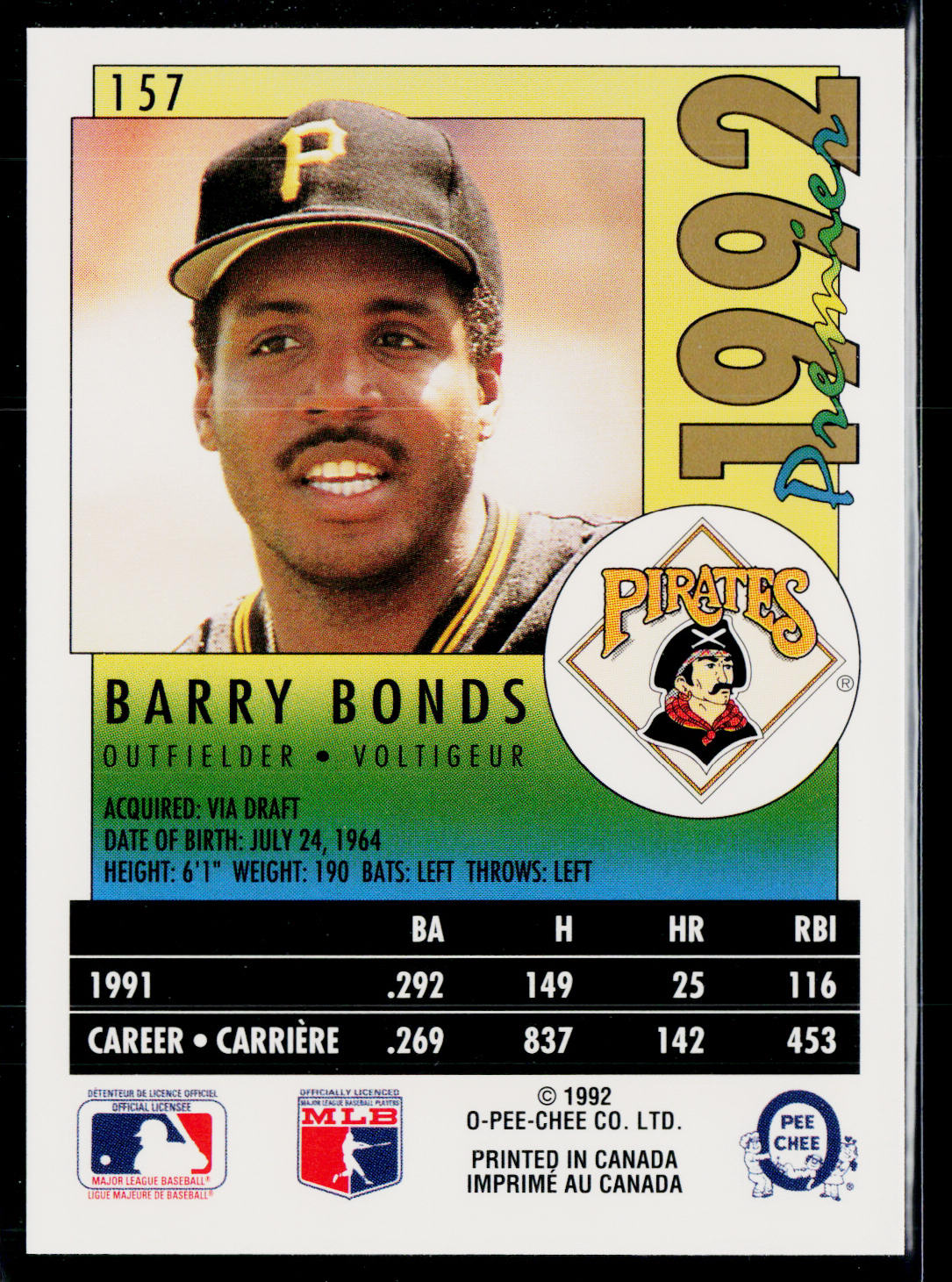 Barry Bonds 1992 O-Pee-Chee Premier #157 Pittsburgh Pirates
