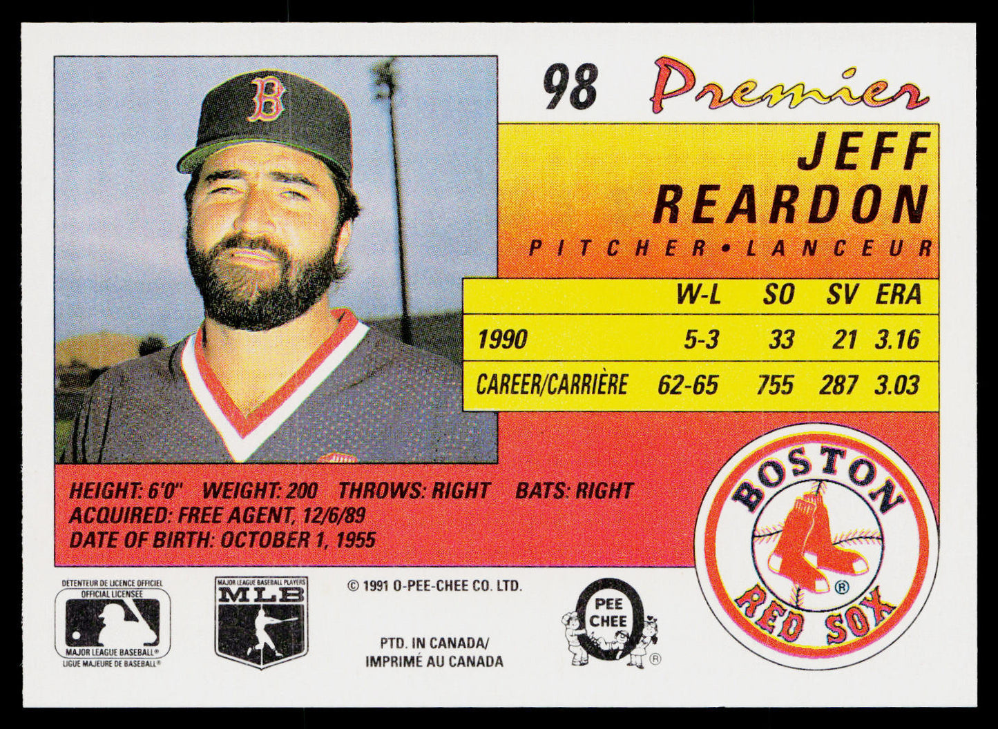 Jeff Reardon 1991 O-Pee-Chee Premier #98 Boston Red Sox