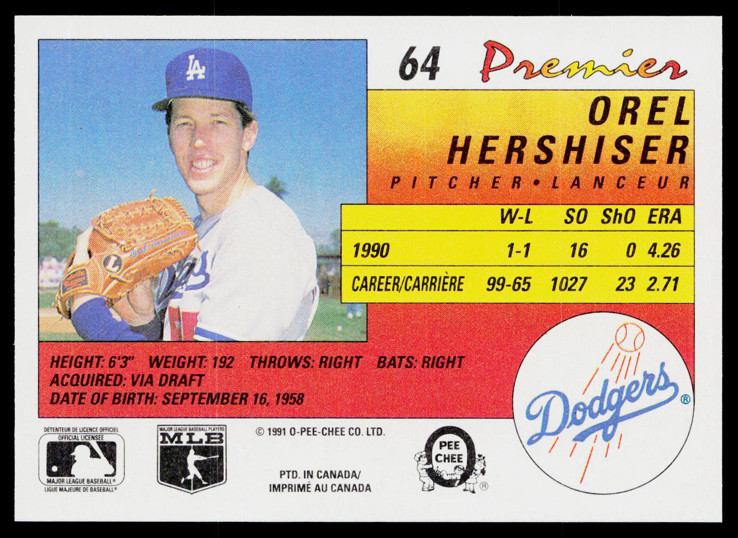 Orel Hershiser 1991 O-Pee-Chee Premier #64 Los Angeles Dodgers