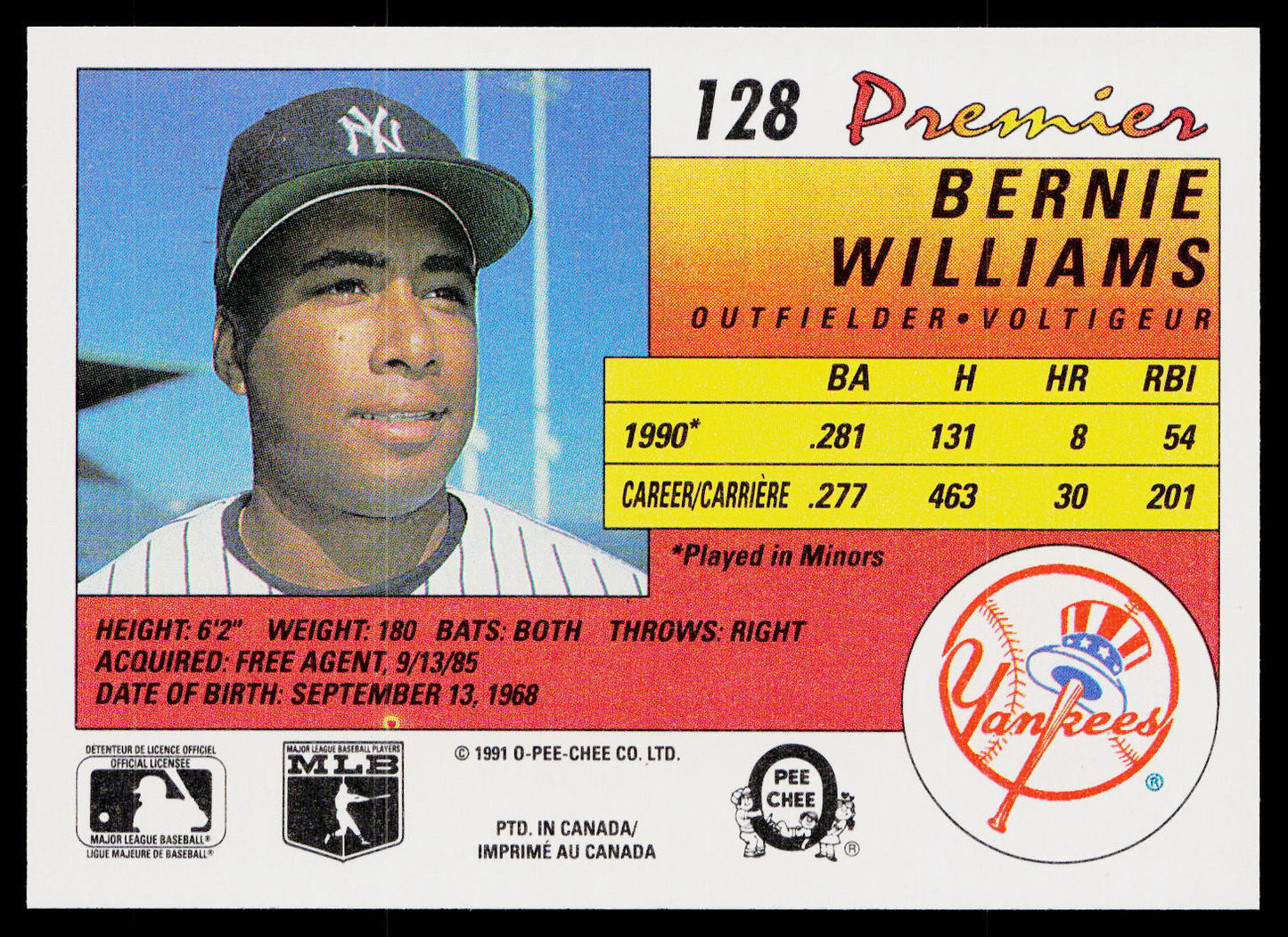 Bernie Williams 1991 O-Pee-Chee Premier #128 New York Yankees