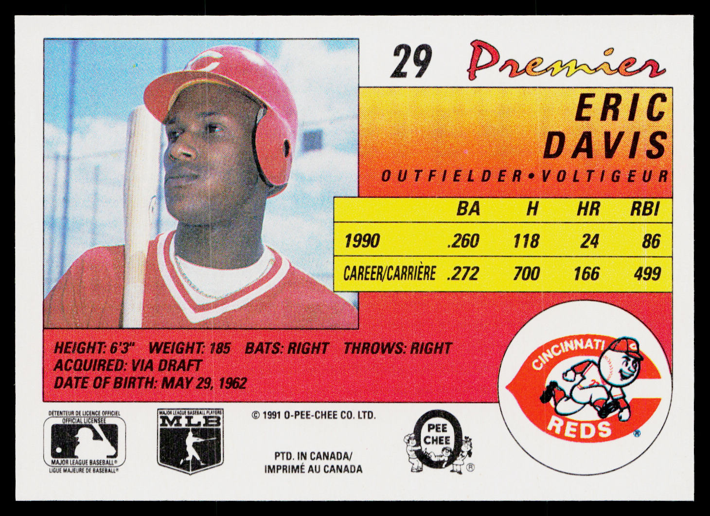 Eric Davis 1991 O-Pee-Chee Premier #29 Cincinnati Reds