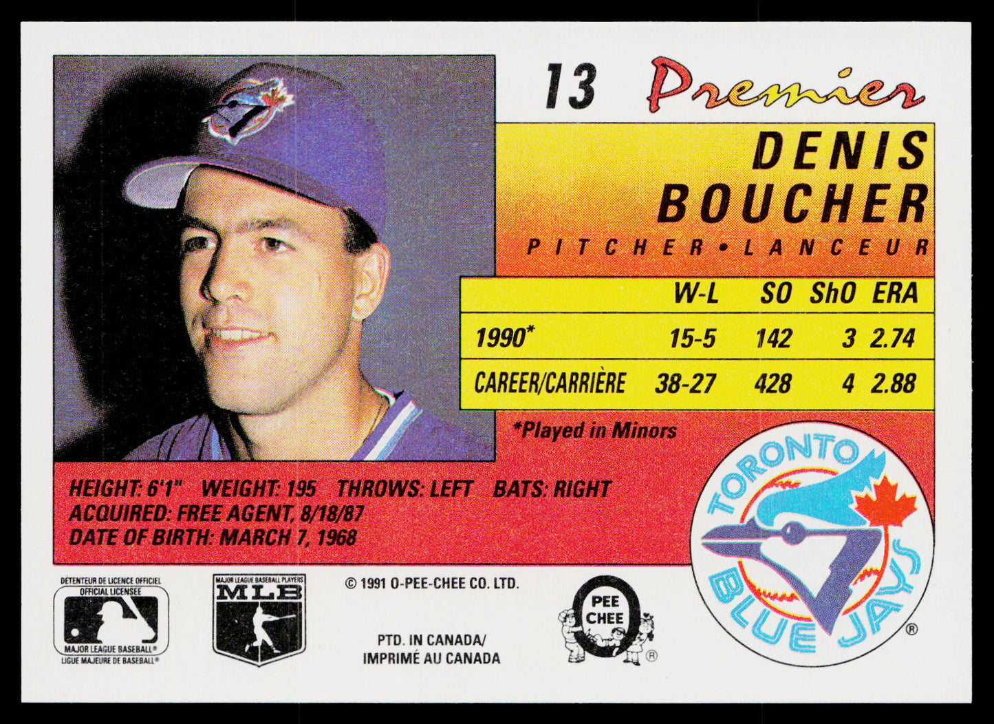 Denis Boucher 1991 O-Pee-Chee Premier #13 RC Toronto Blue Jays