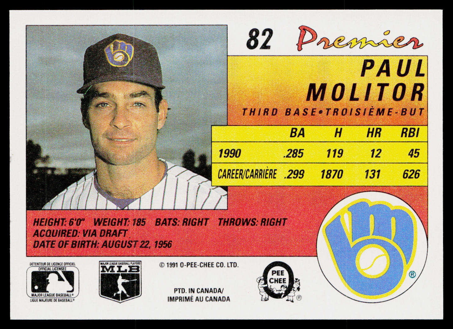 Paul Molitor 1991 O-Pee-Chee Premier #82 Milwaukee Brewers