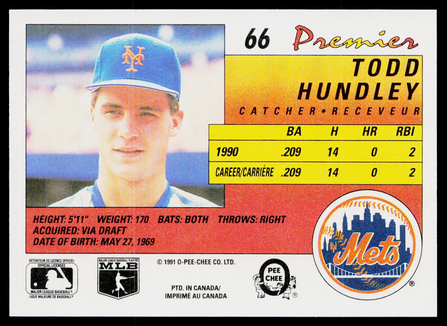Todd Hundley 1991 O-Pee-Chee Premier #66 New York Mets