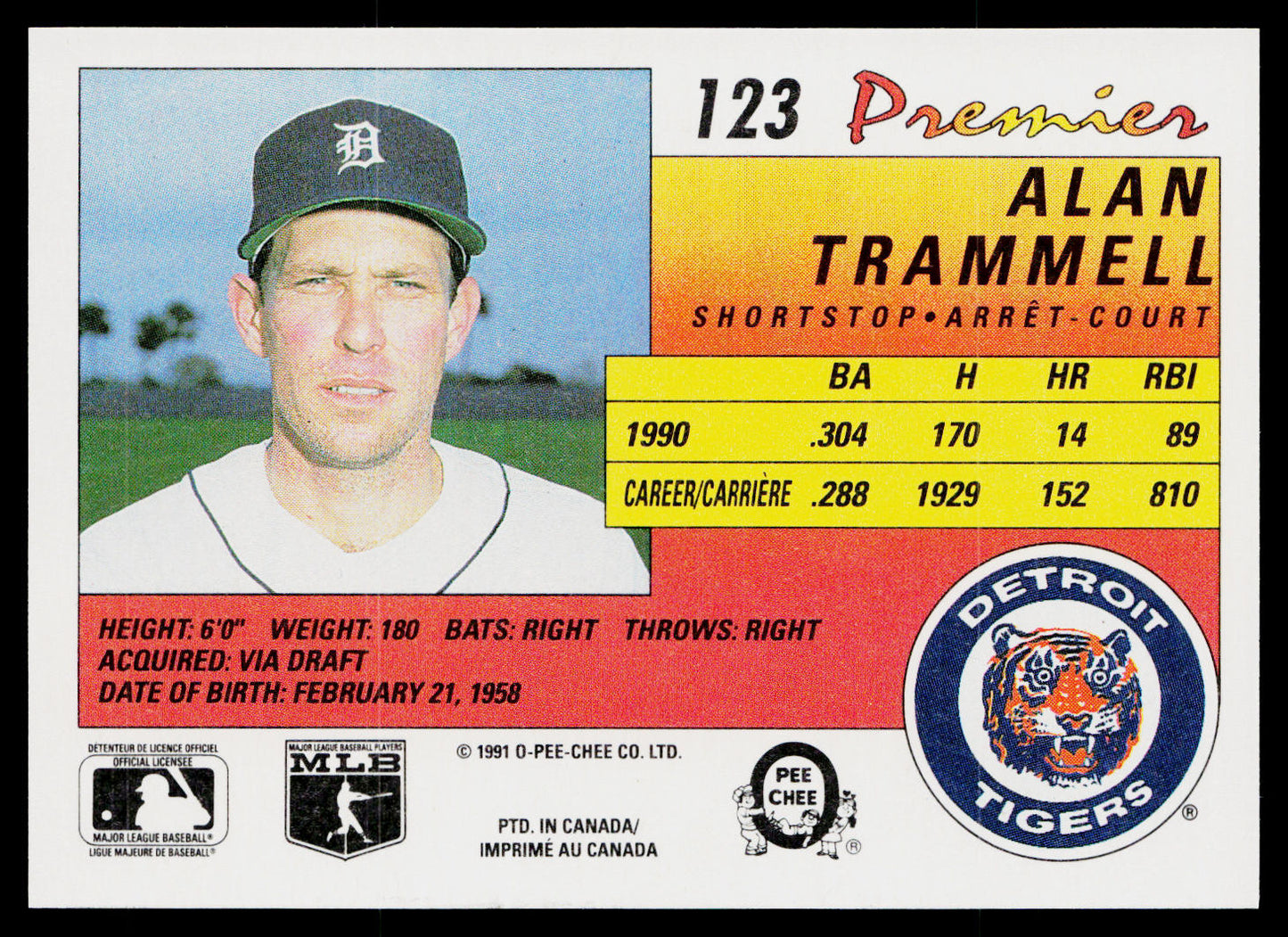 Alan Trammell 1991 O-Pee-Chee Premier #123 Detroit Tigers