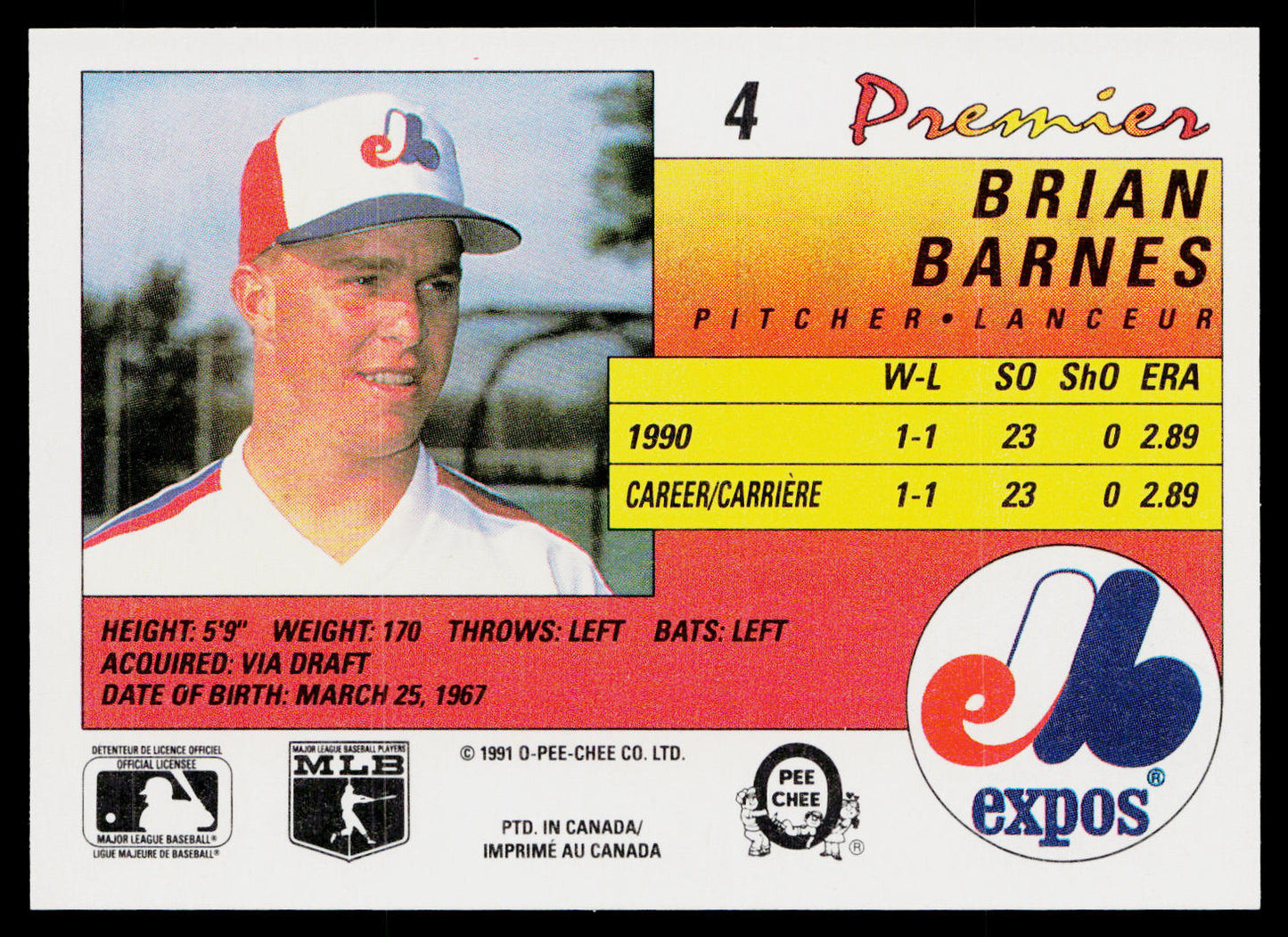 Brian Barnes 1991 O-Pee-Chee Premier #4 Montreal Expos