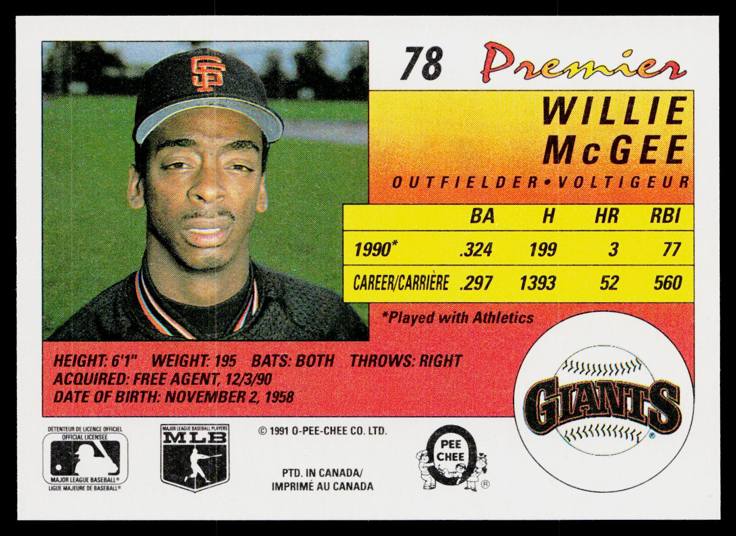 Willie McGee 1991 O-Pee-Chee Premier #78 San Francisco Giants