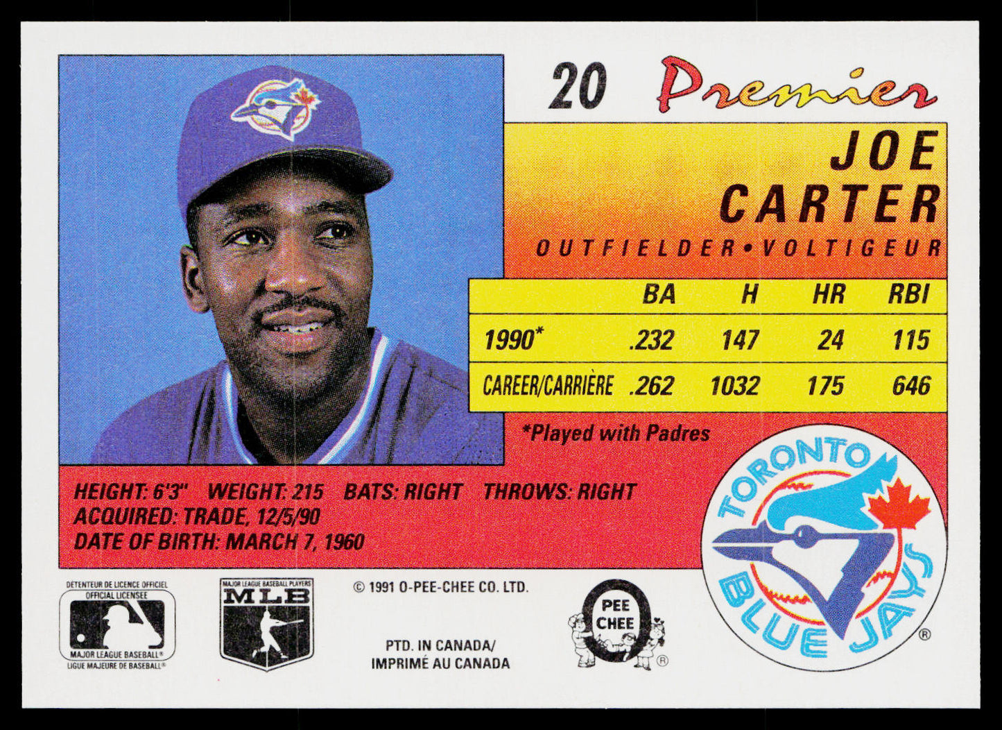 Joe Carter 1991 O-Pee-Chee Premier #20 Toronto Blue Jays