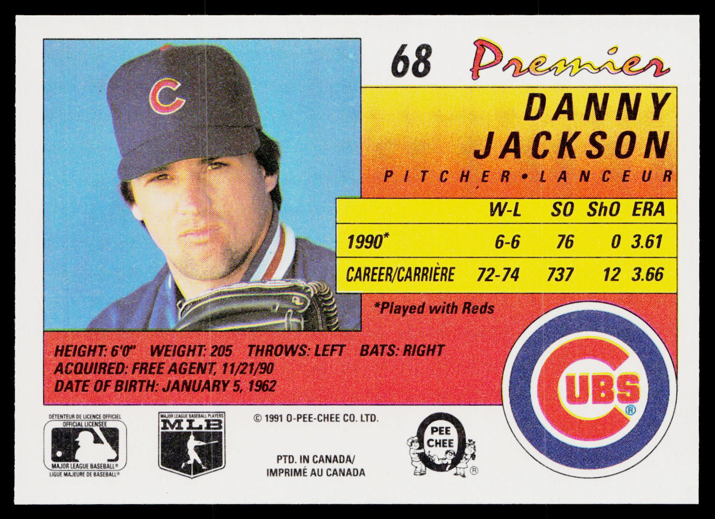 Danny Jackson 1991 O-Pee-Chee Premier #68 Chicago Cubs