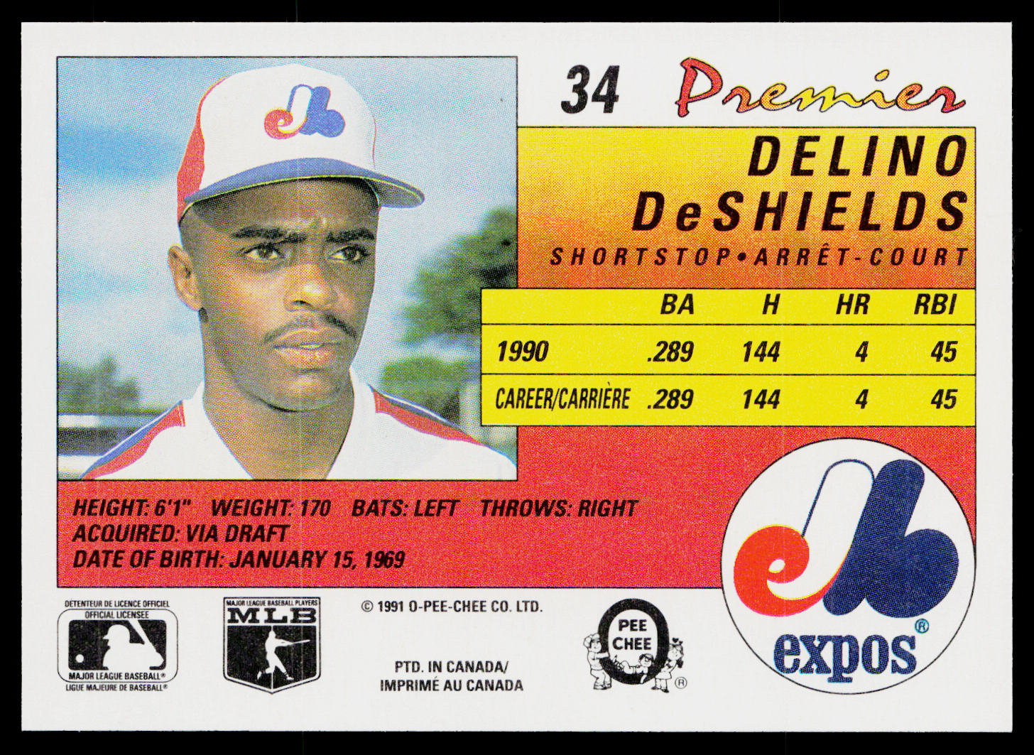 Delino DeShields 1991 O-Pee-Chee Premier #34 Montreal Expos