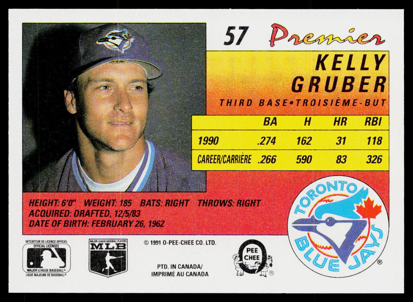Kelly Gruber 1991 O-Pee-Chee Premier #57 Toronto Blue Jays