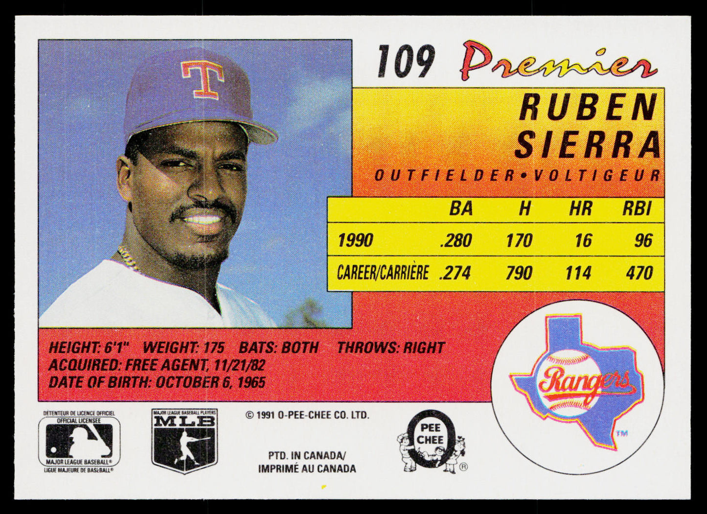 Ruben Sierra 1991 O-Pee-Chee Premier #109 Texas Rangers