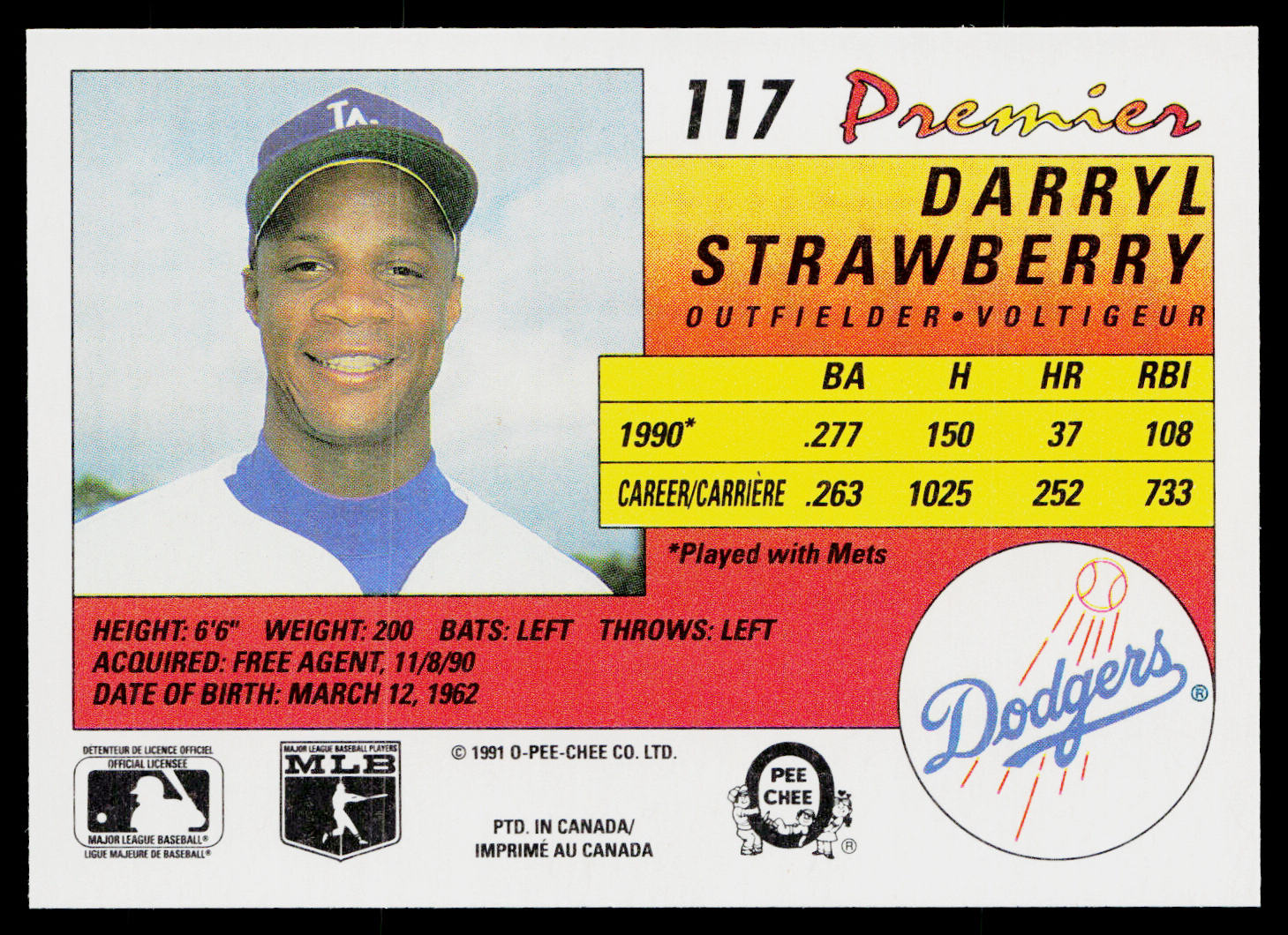 Darryl Strawberry 1991 O-Pee-Chee Premier #117 Los Angeles Dodgers