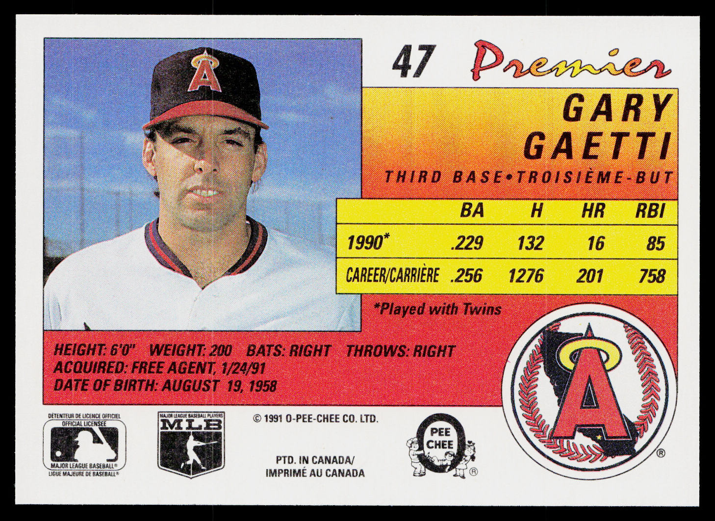 Gary Gaetti 1991 O-Pee-Chee Premier #47 California Angels
