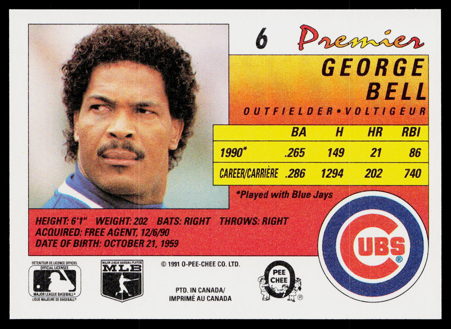 George Bell 1991 O-Pee-Chee Premier #6 Chicago Cubs