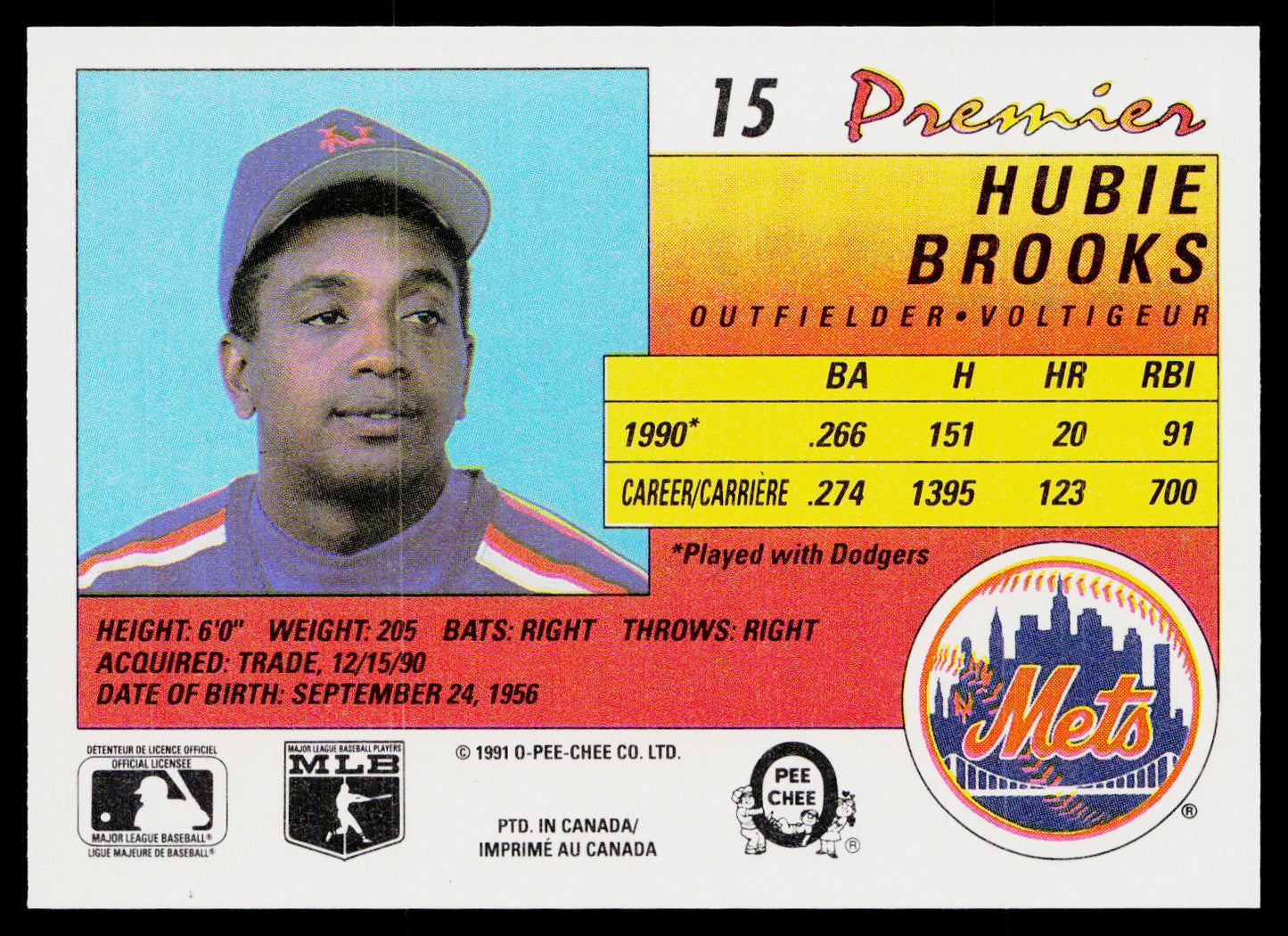 Hubie Brooks 1991 O-Pee-Chee Premier #15 New York Mets