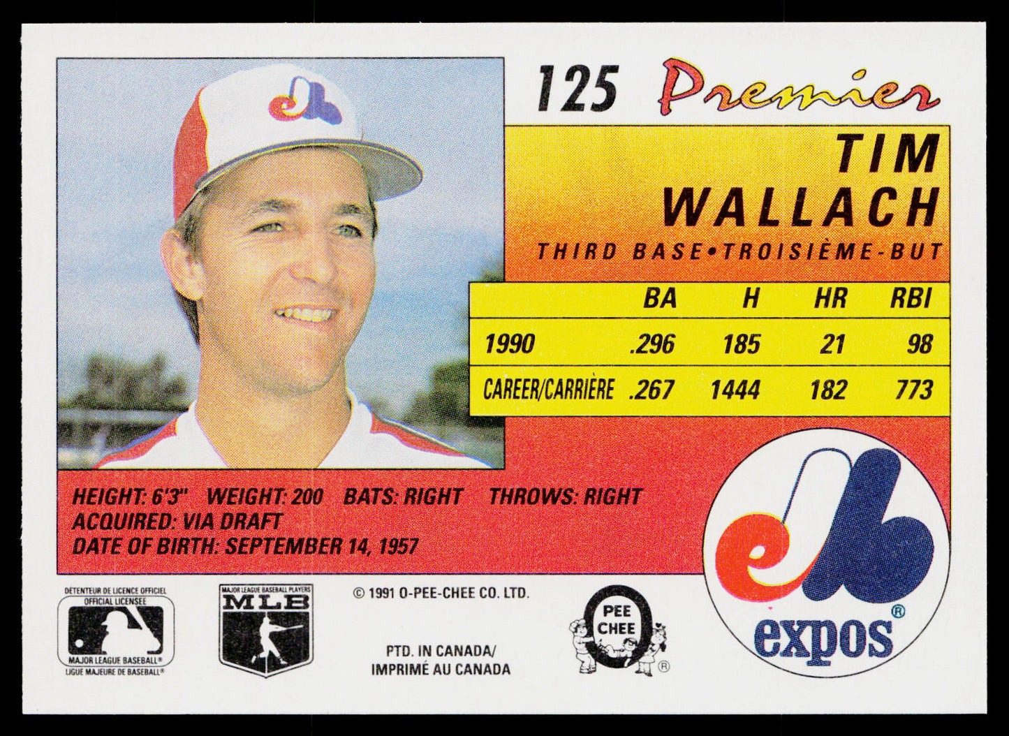 Tim Wallach 1991 O-Pee-Chee Premier #125 Montreal Expos