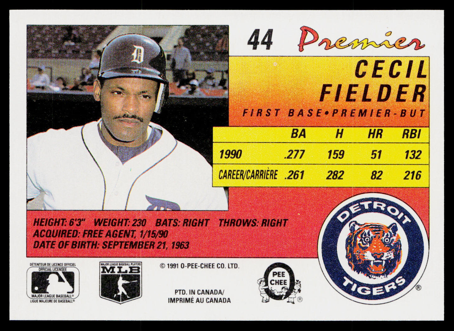 Cecil Fielder 1991 O-Pee-Chee Premier #44 Detroit Tigers