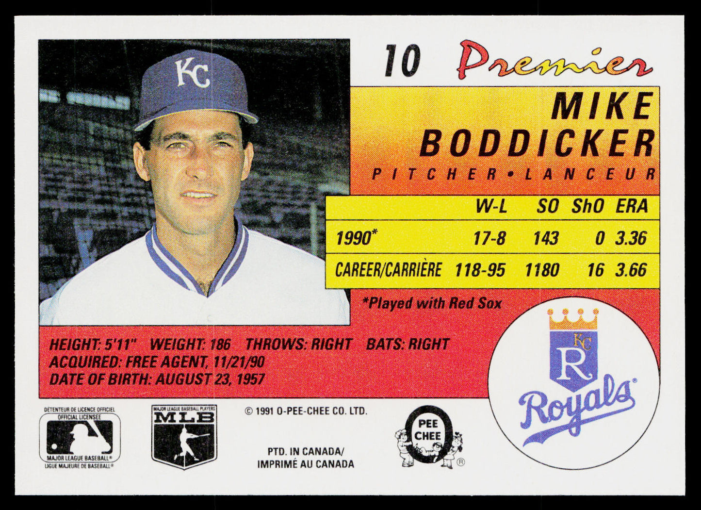 Mike Boddicker 1991 O-Pee-Chee Premier #10 Kansas City Royals