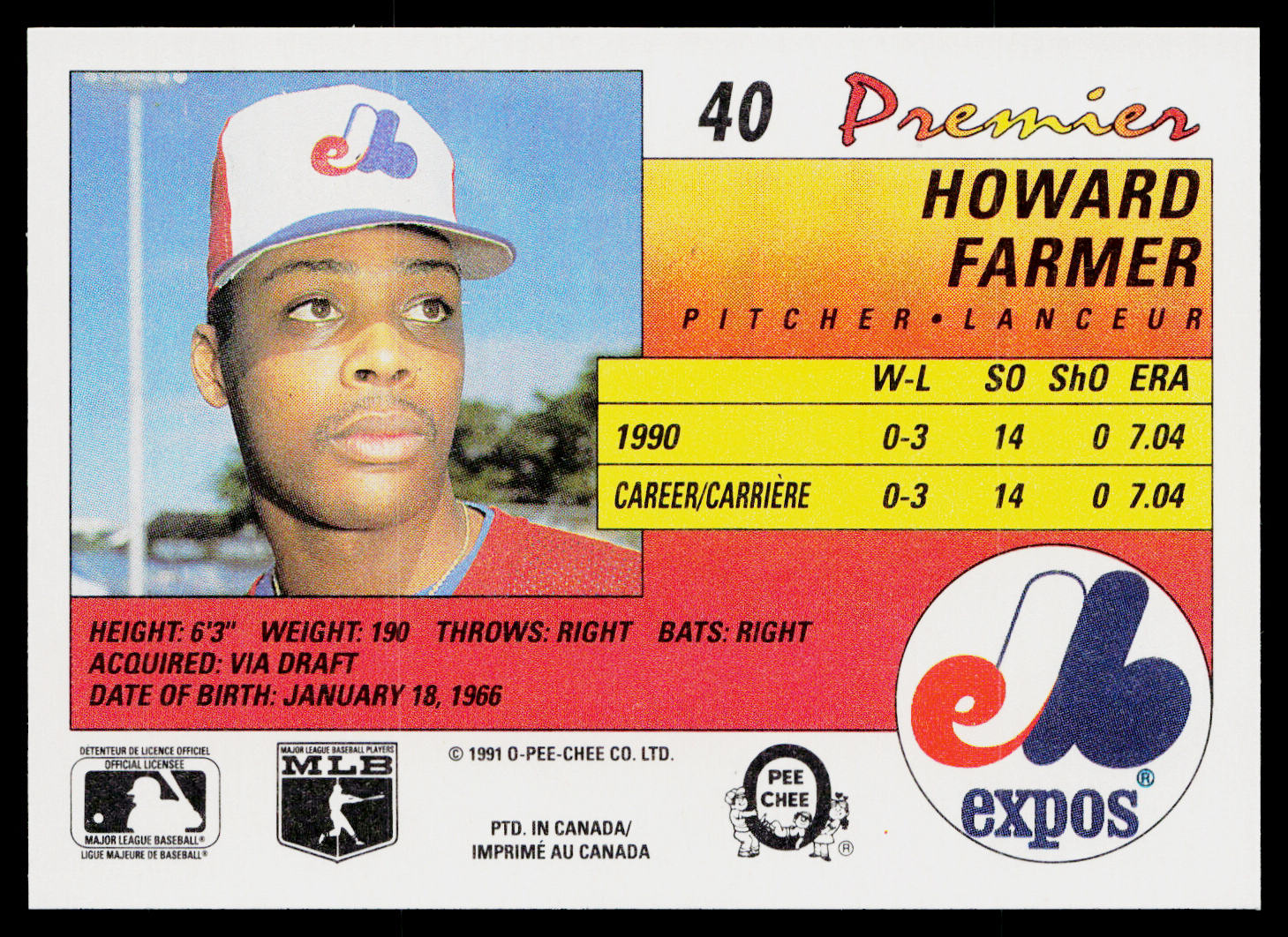 Howard Farmer 1991 O-Pee-Chee Premier #40 Montreal Expos
