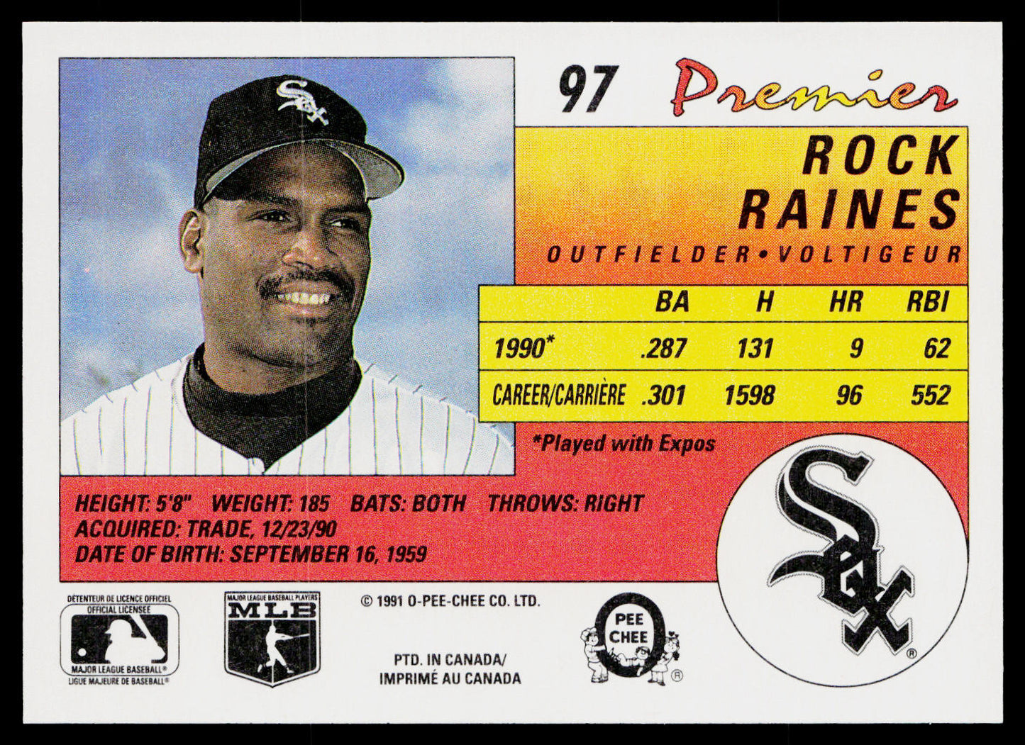 Rock Raines 1991 O-Pee-Chee Premier #97 Chicago White Sox