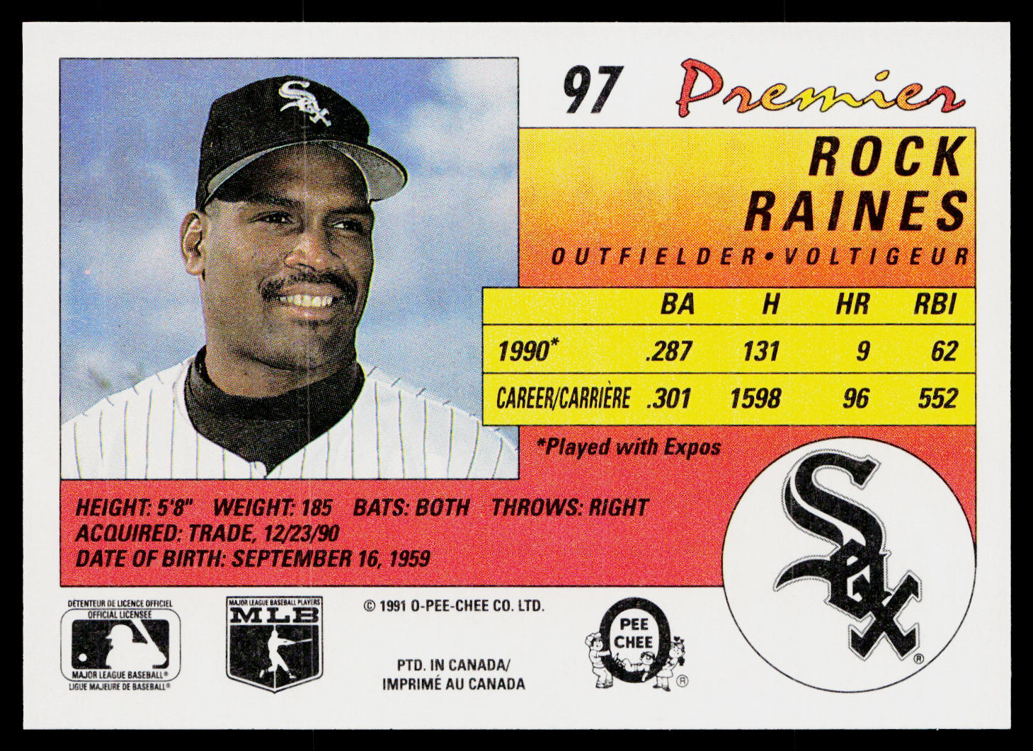 Rock Raines 1991 O-Pee-Chee Premier #97 Chicago White Sox