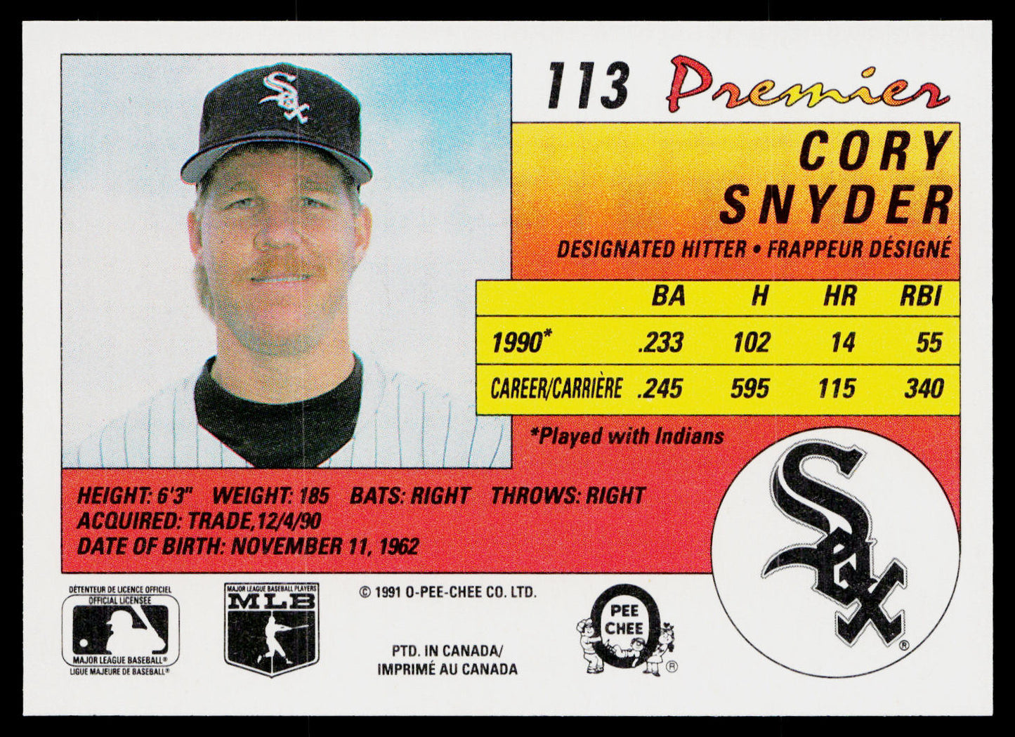 Cory Snyder 1991 O-Pee-Chee Premier #113 Chicago White Sox
