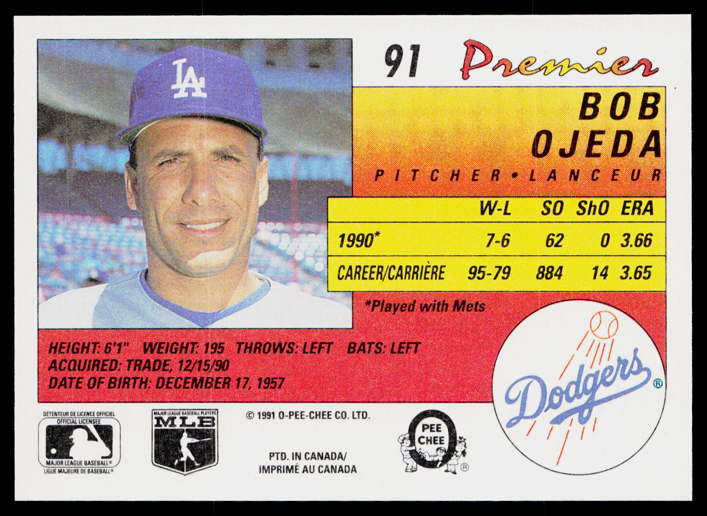 Bob Ojeda 1991 O-Pee-Chee Premier #91 Los Angeles Dodgers