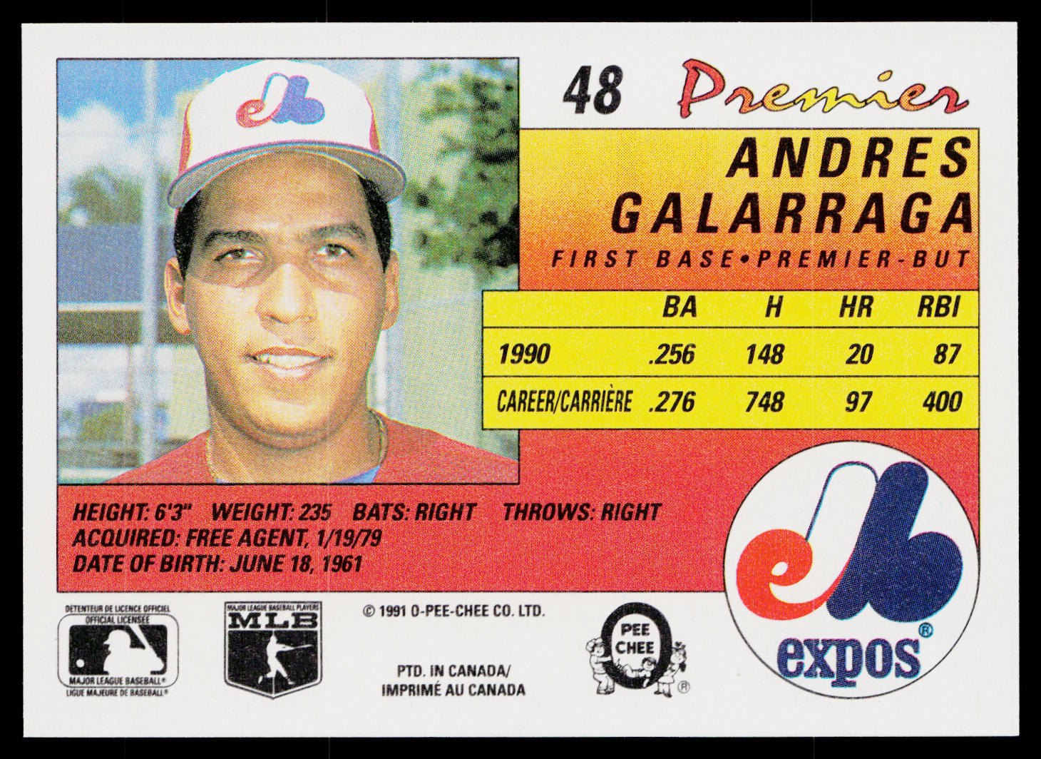 Andres Galarraga 1991 O-Pee-Chee Premier #48 Montreal Expos