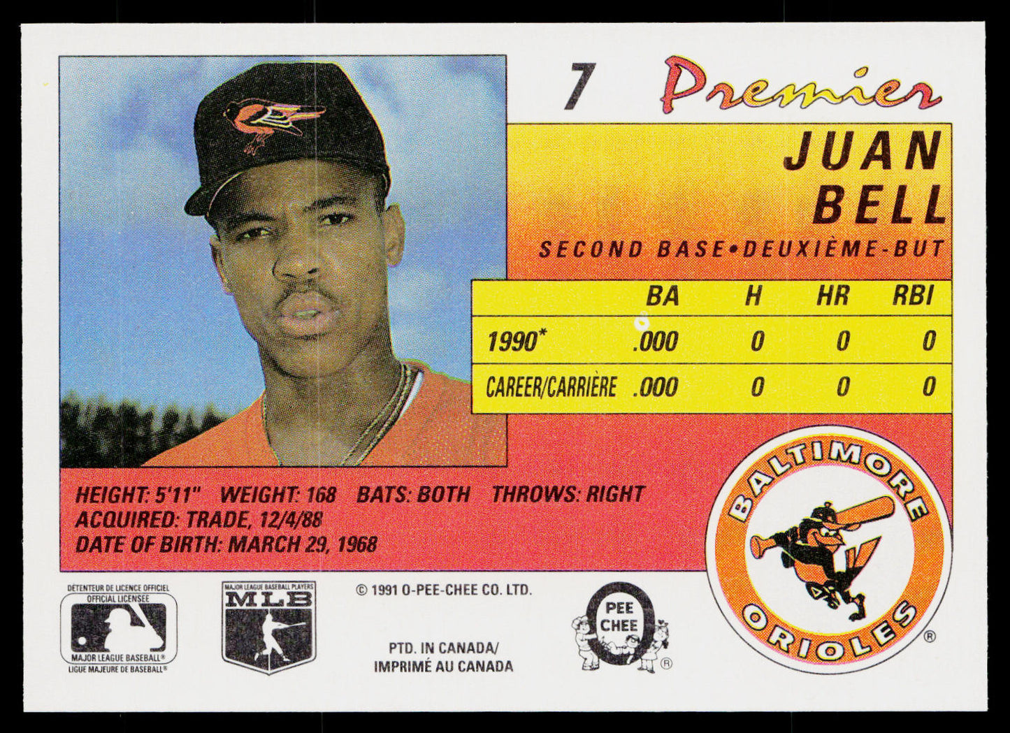 Juan Bell 1991 O-Pee-Chee Premier #7 Baltimore Orioles