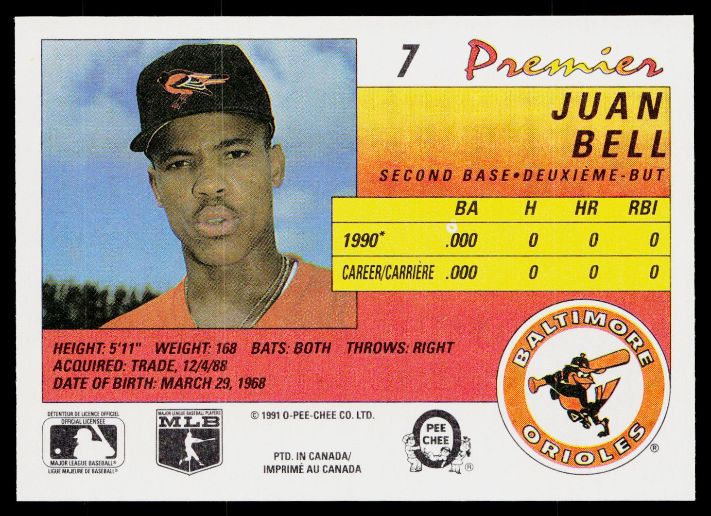 Juan Bell 1991 O-Pee-Chee Premier #7 Baltimore Orioles
