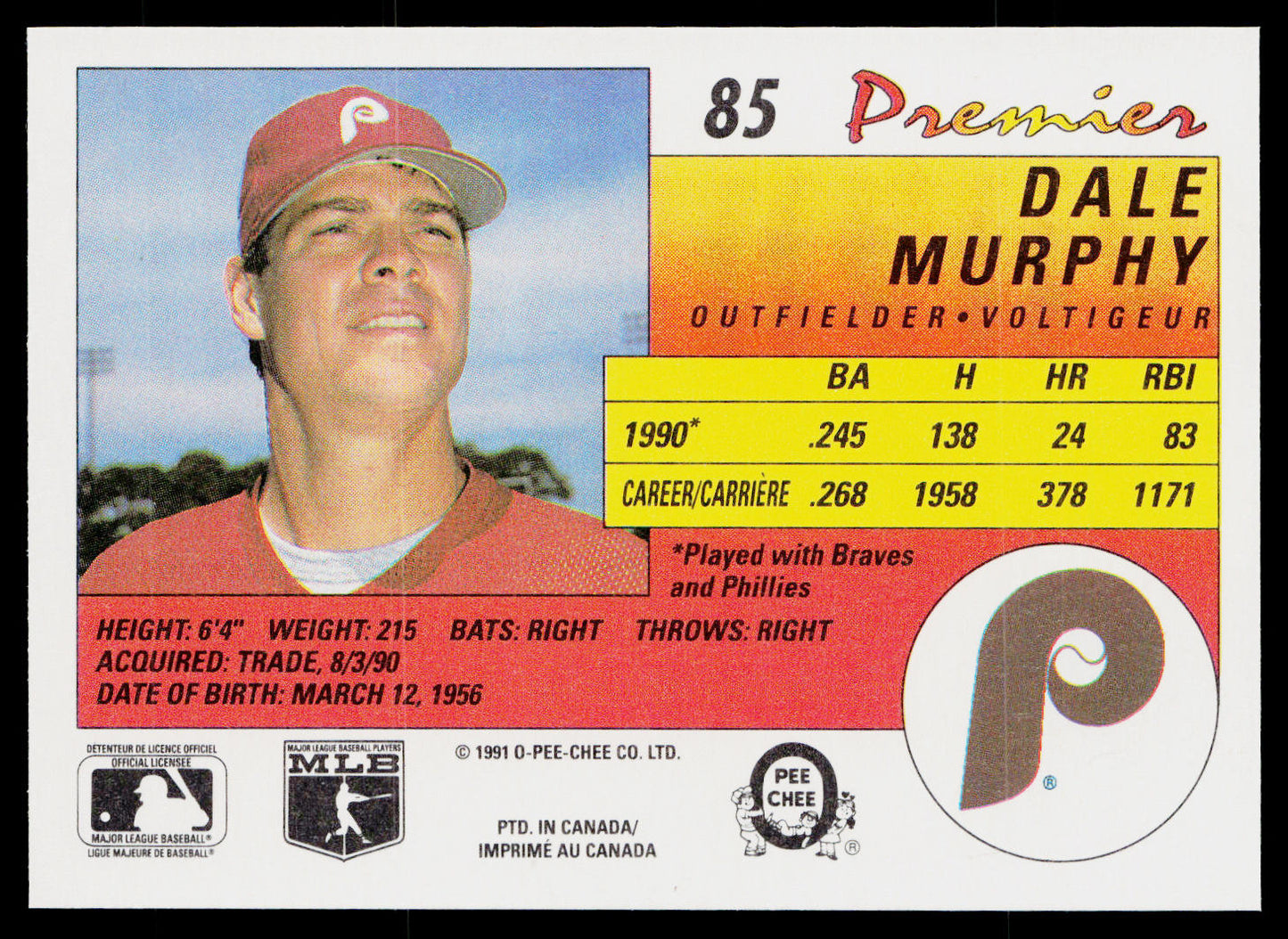 Dale Murphy 1991 O-Pee-Chee Premier #85 Philadelphia Phillies
