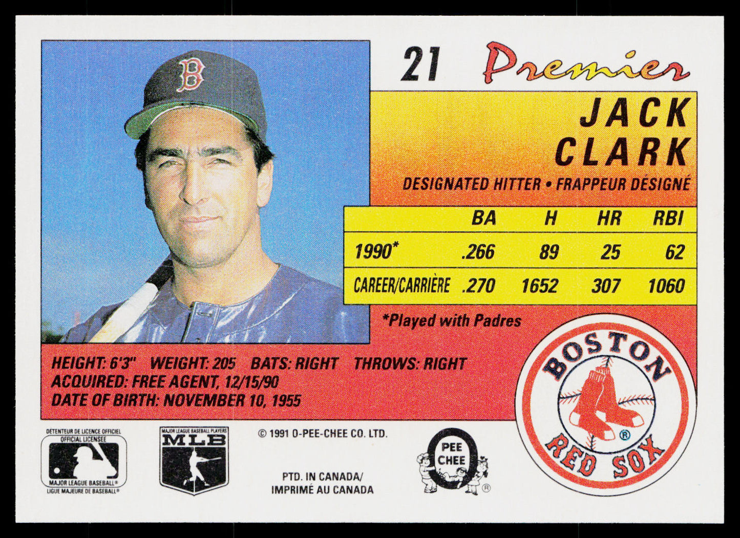 Jack Clark 1991 O-Pee-Chee Premier #21 Boston Red Sox