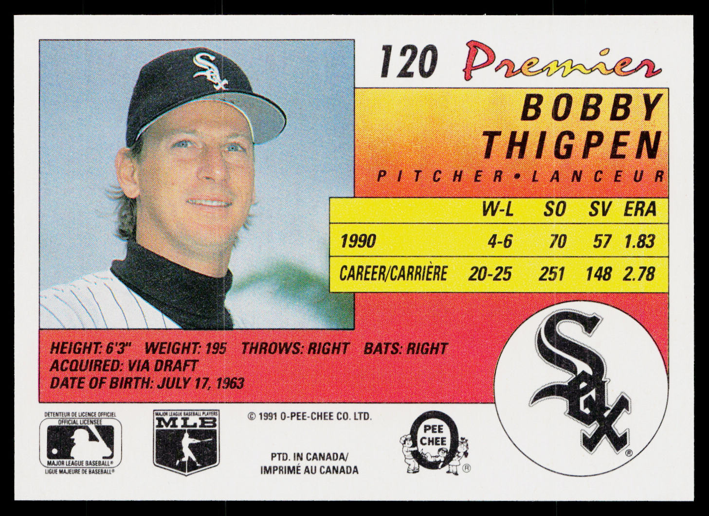 Bobby Thigpen 1991 O-Pee-Chee Premier #120 Chicago White Sox