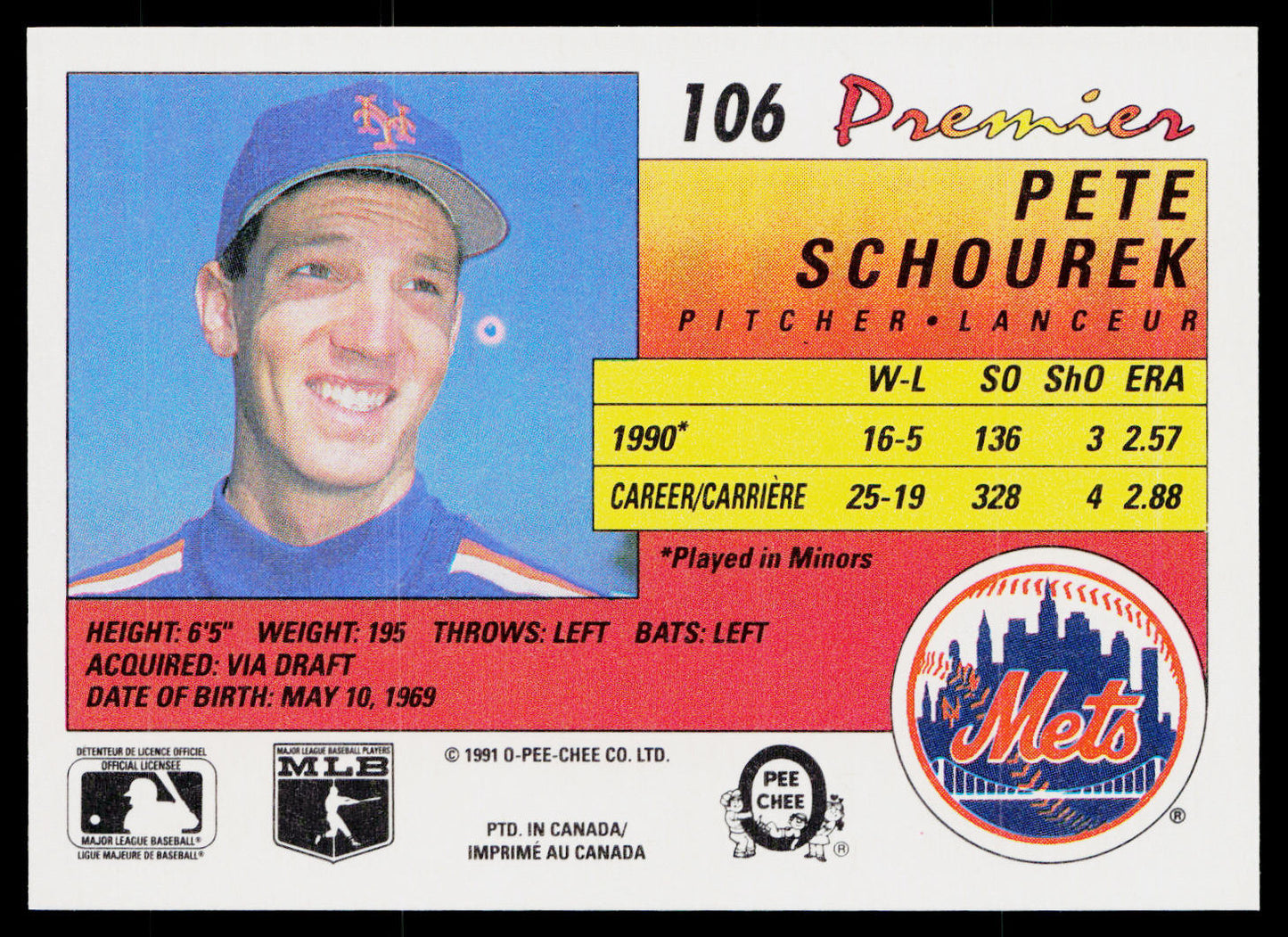 Pete Schourek 1991 O-Pee-Chee Premier #106 RC New York Mets