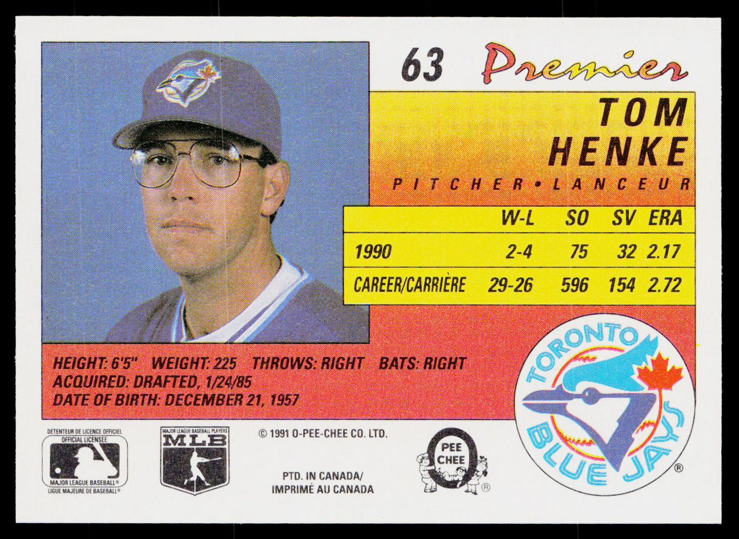 Tom Henke 1991 O-Pee-Chee Premier #63 Toronto Blue Jays