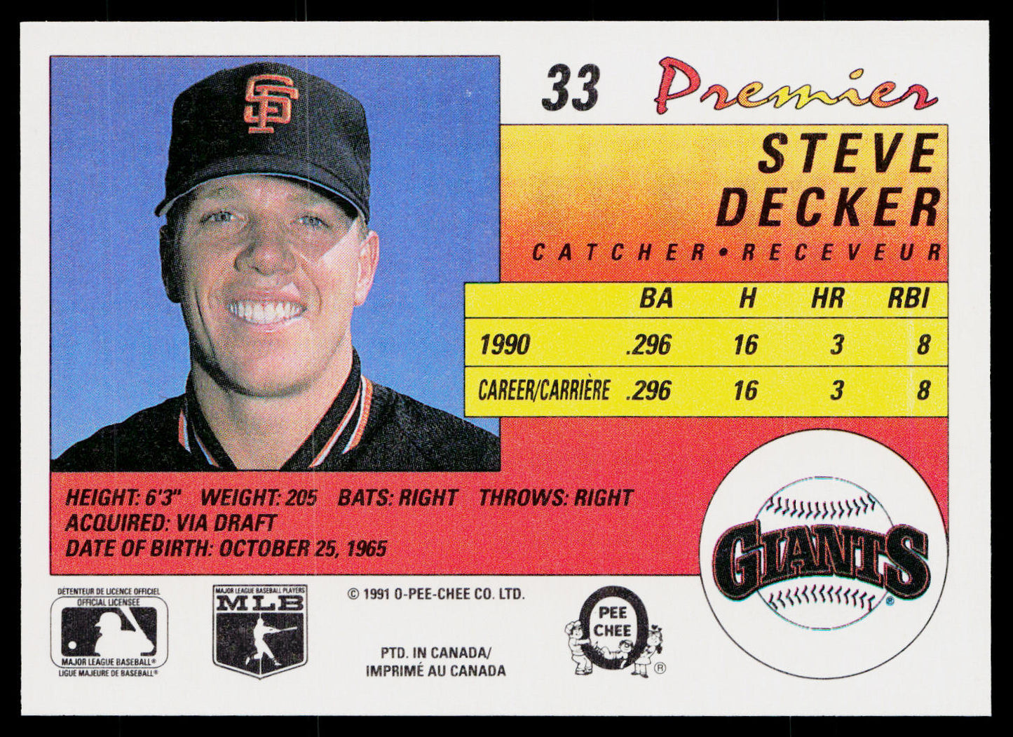 Steve Decker 1991 O-Pee-Chee Premier #33 RC San Francisco Giants