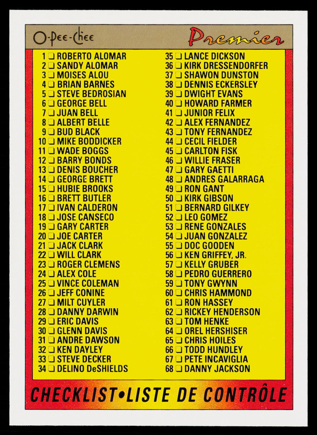 Checklist 1991 O-Pee-Chee Premier #132