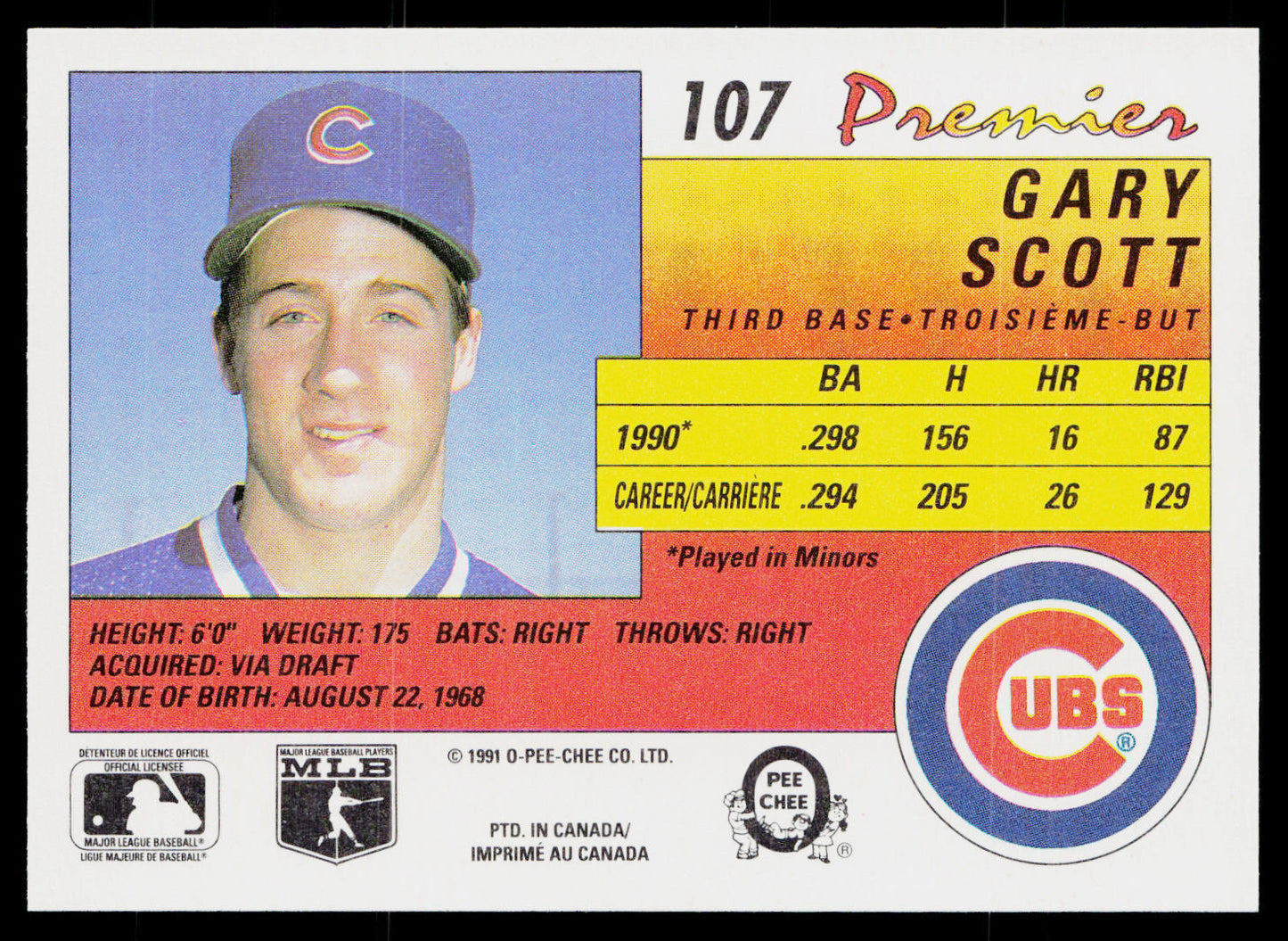 Gary Scott 1991 O-Pee-Chee Premier #107 Chicago Cubs