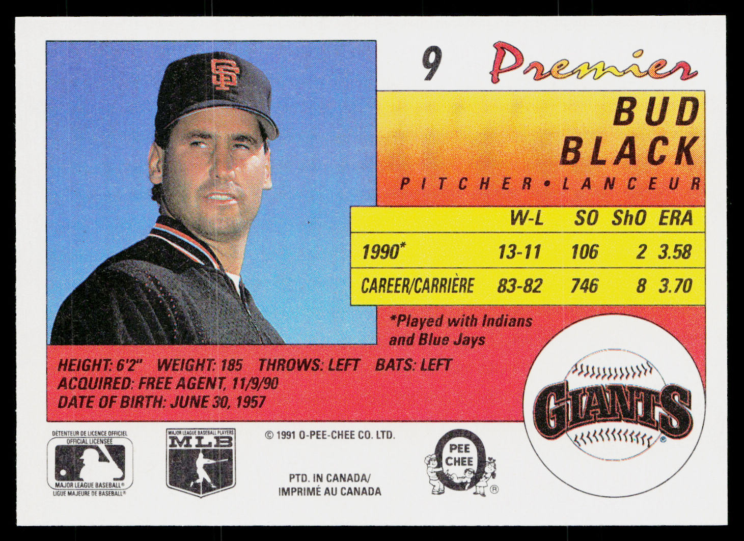 Bud Black 1991 O-Pee-Chee Premier #9 San Francisco Giants