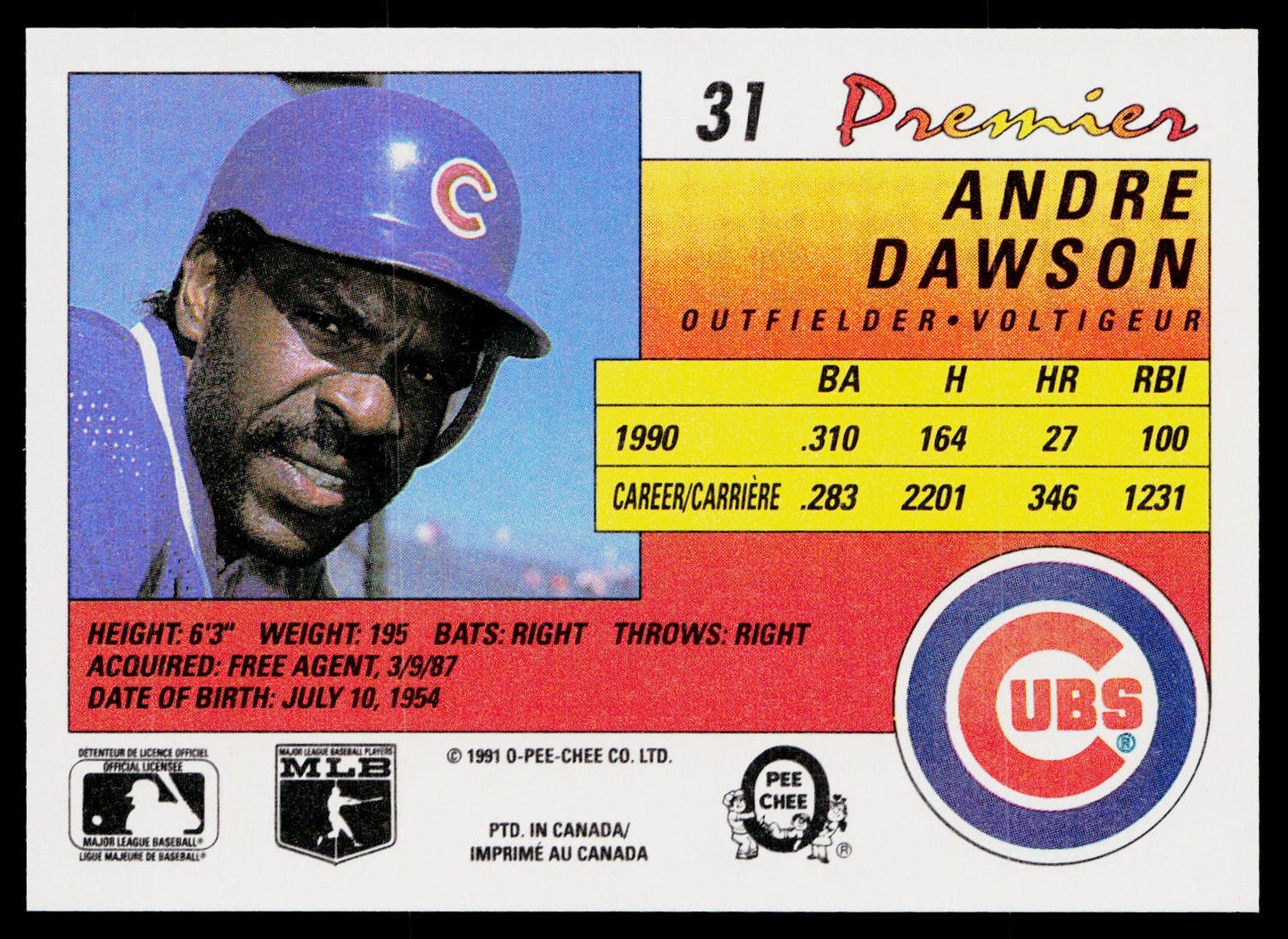 Andre Dawson 1991 O-Pee-Chee Premier #31 Chicago Cubs