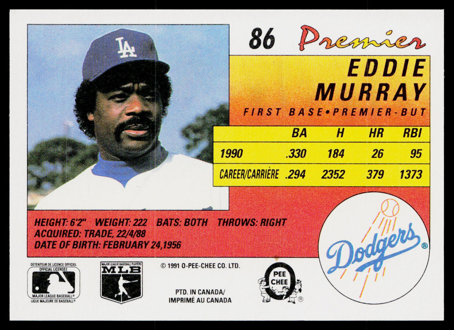Eddie Murray 1991 O-Pee-Chee Premier #86 Los Angeles Dodgers