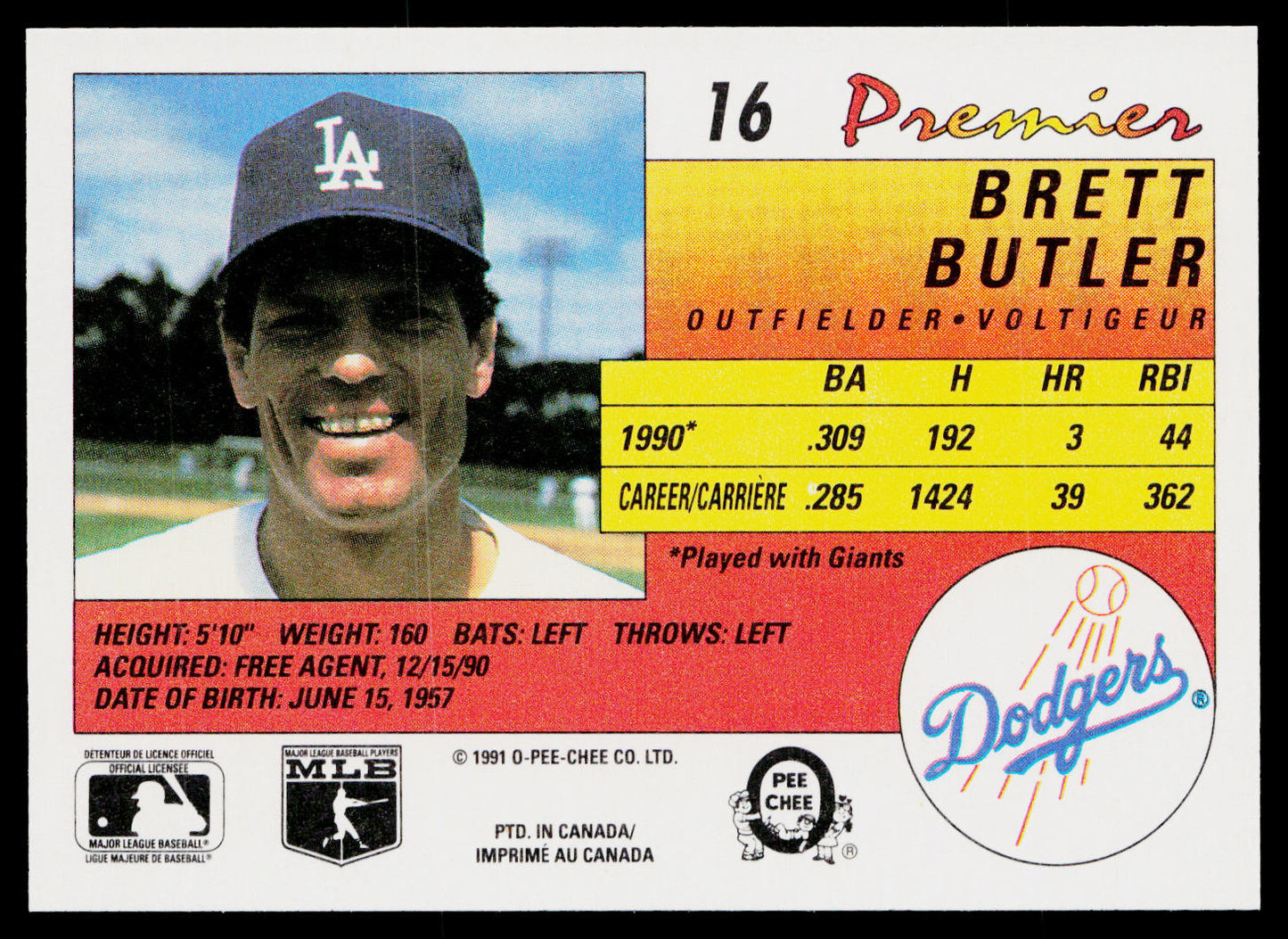 Brett Butler 1991 O-Pee-Chee Premier #16 Los Angeles Dodgers