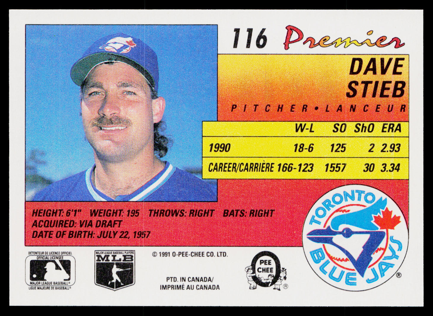 Dave Stieb 1991 O-Pee-Chee Premier #116 Toronto Blue Jays