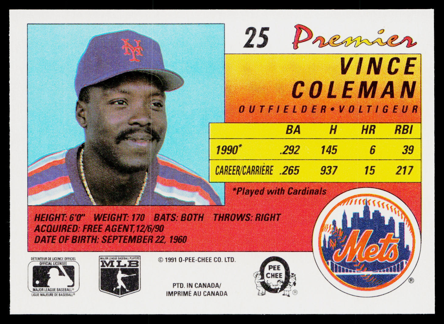 Vince Coleman 1991 O-Pee-Chee Premier #25 New York Mets
