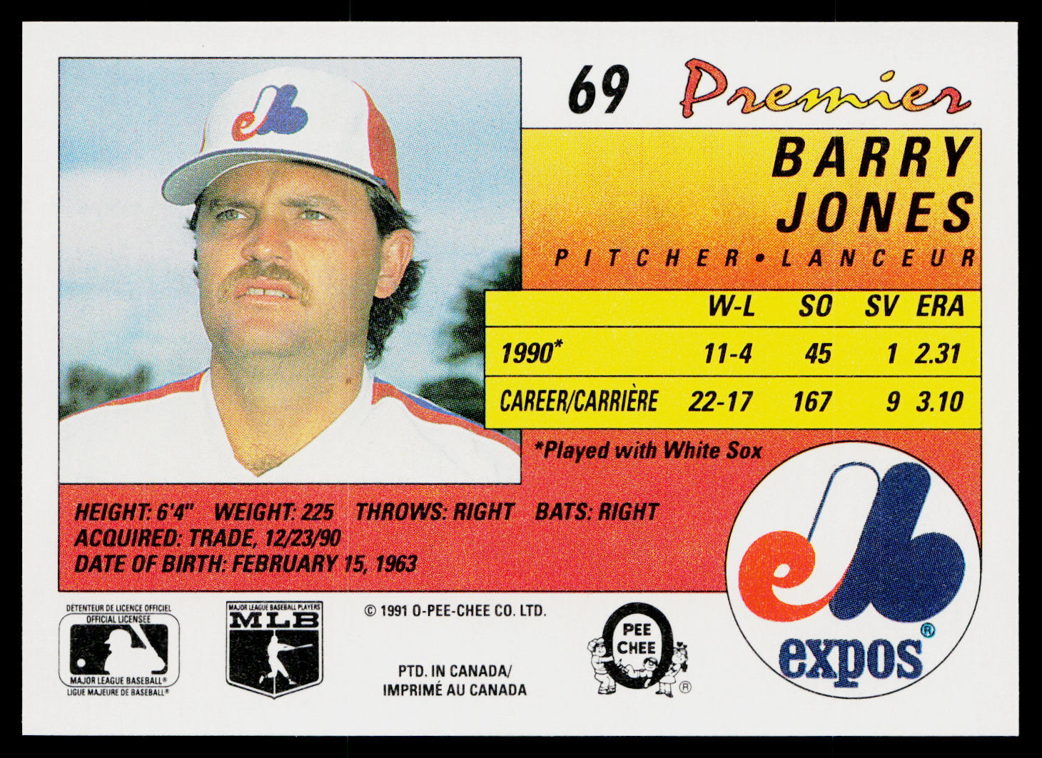 Barry Jones 1991 O-Pee-Chee Premier #69 Montreal Expos