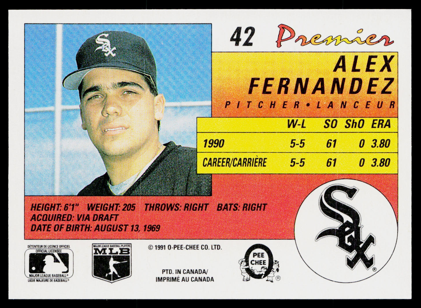 Alex Fernandez 1991 O-Pee-Chee Premier #42 Chicago White Sox